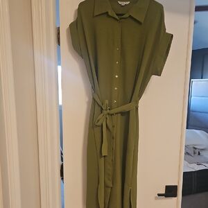 Elegant Olive Midi Shirt Dress